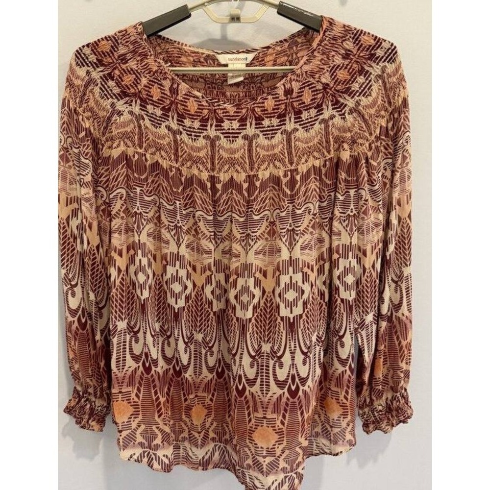 Sundance 100% Silk Smocked Top Warm Print Long Sleeve Gathered Wrist Top BOHO L